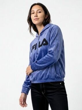 FILA Quarter Zip Hoodie in Plush Blue Velour Size X-Large